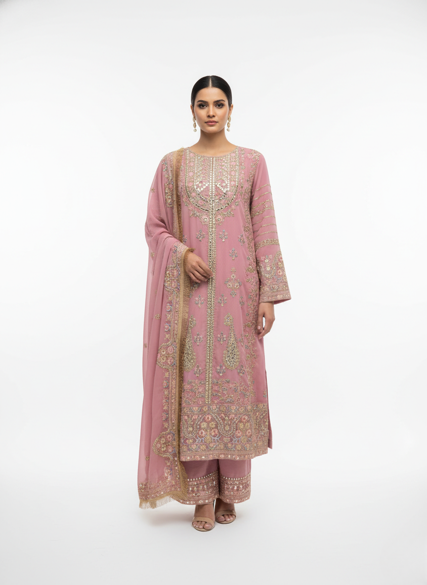 Georgette Embroidered Suit with Santoon Bottom & Fancy Dupatta