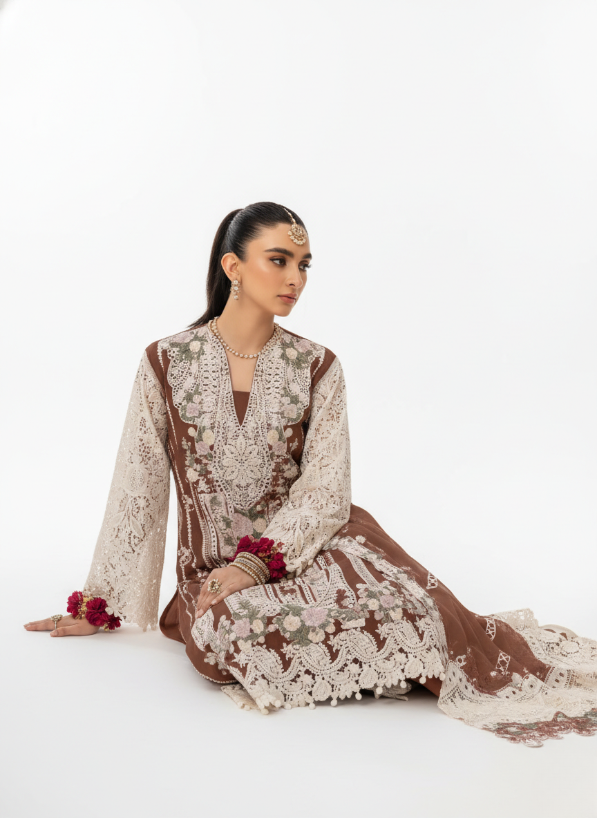 Designer Cotton Chikankari Embroidered Suit with Lace Sleeves & Dupatta