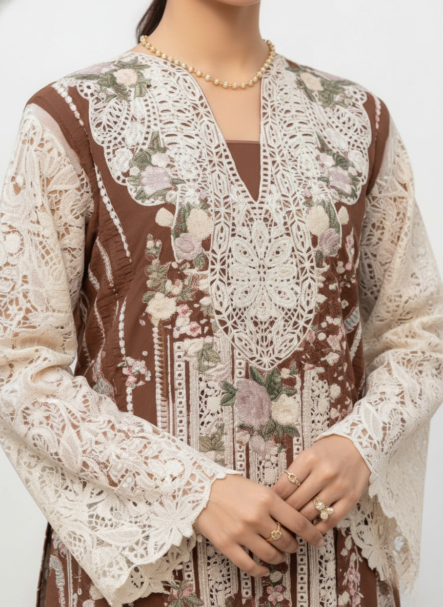 Designer Cotton Chikankari Embroidered Suit with Lace Sleeves & Dupatta