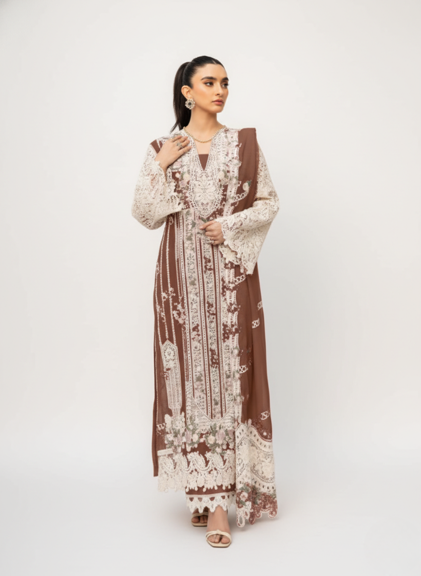Designer Cotton Chikankari Embroidered Suit with Lace Sleeves & Dupatta