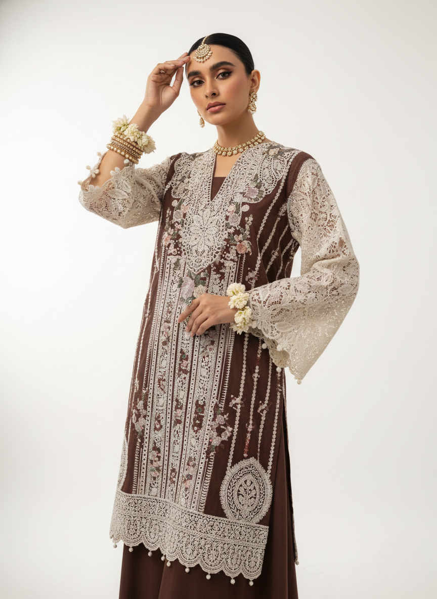 Designer Cotton Chikankari Embroidered Suit with Lace Sleeves & Dupatta