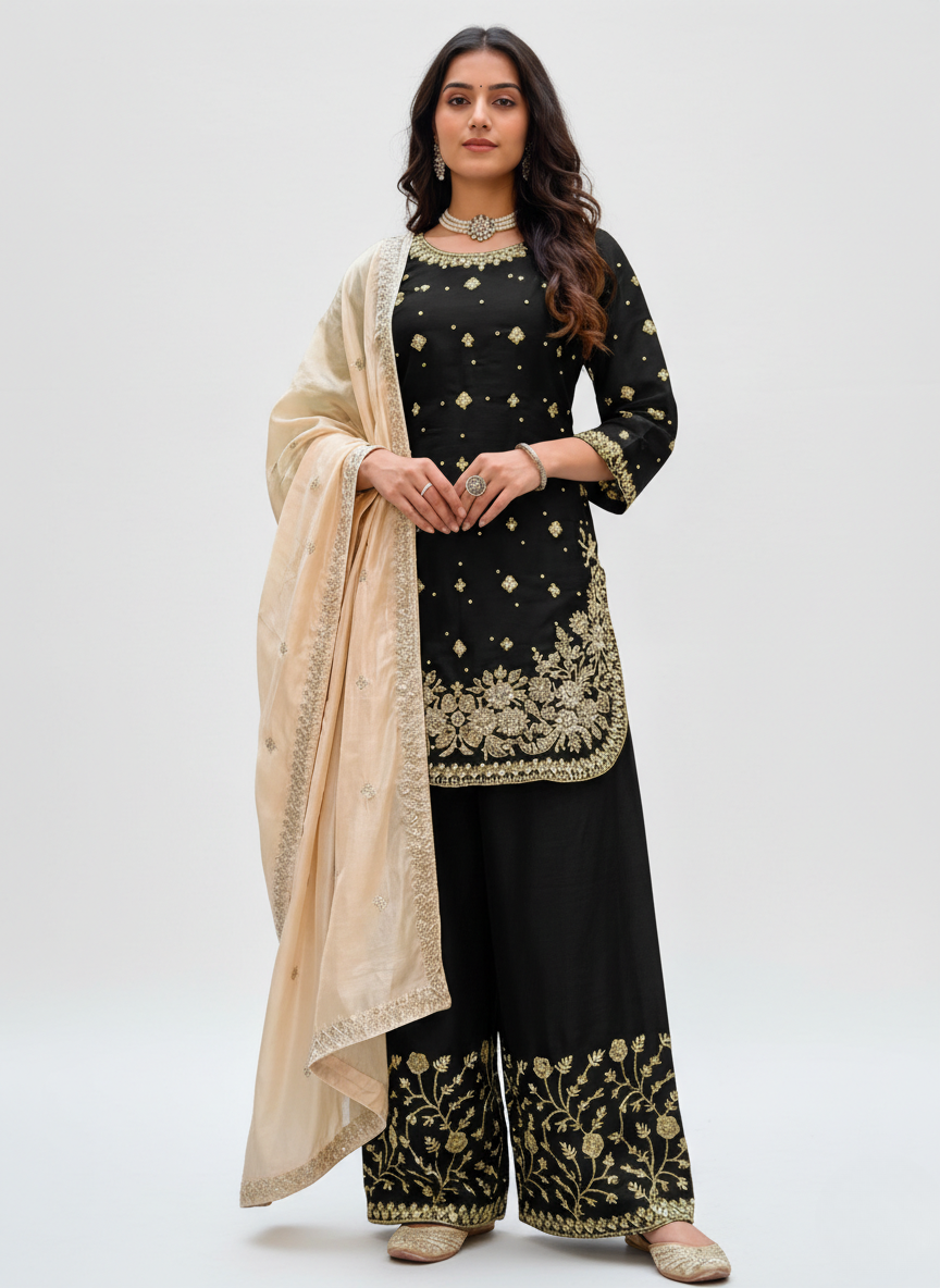 Wedding & Festive Wear Heavy Embroidery Kurta Plazo Set with Organza Dupatta