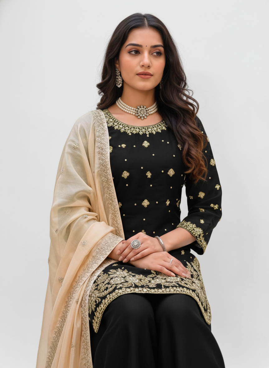 Wedding & Festive Wear Heavy Embroidery Kurta Plazo Set with Organza Dupatta