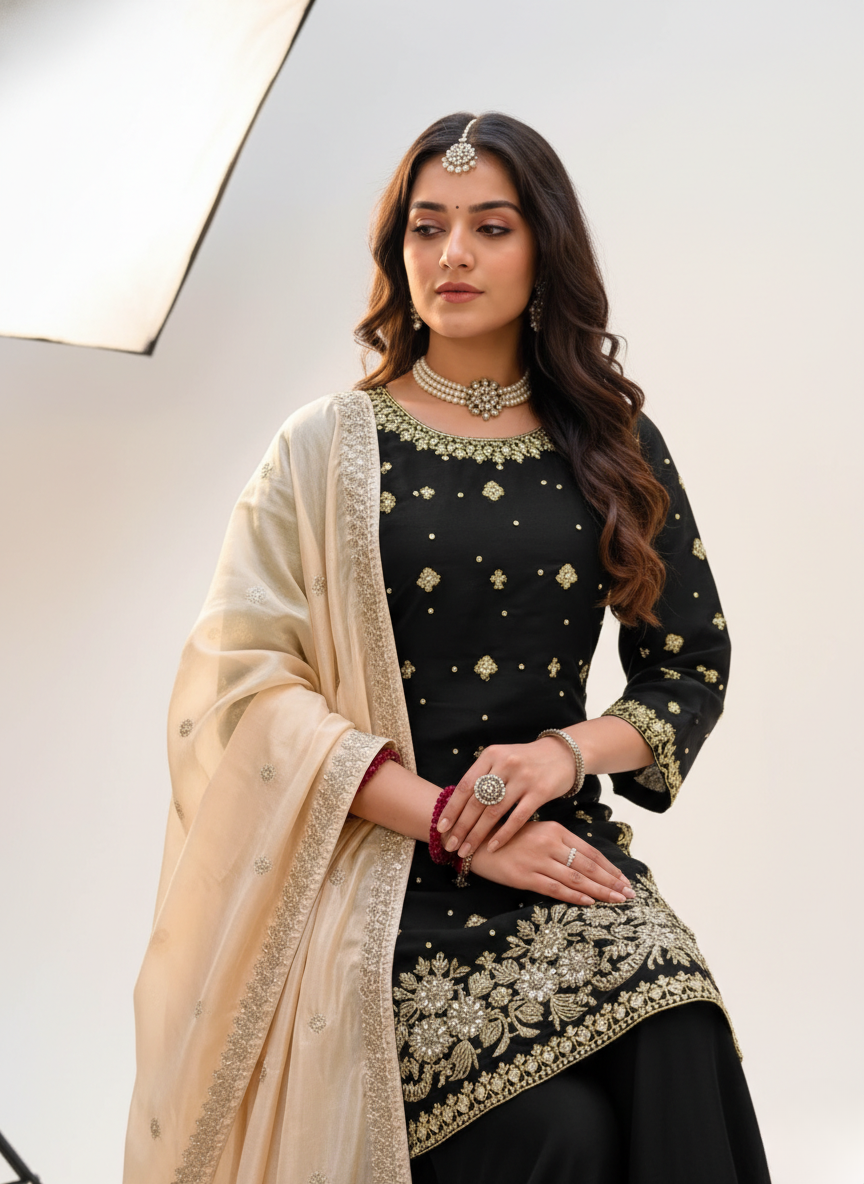 Wedding & Festive Wear Heavy Embroidery Kurta Plazo Set with Organza Dupatta