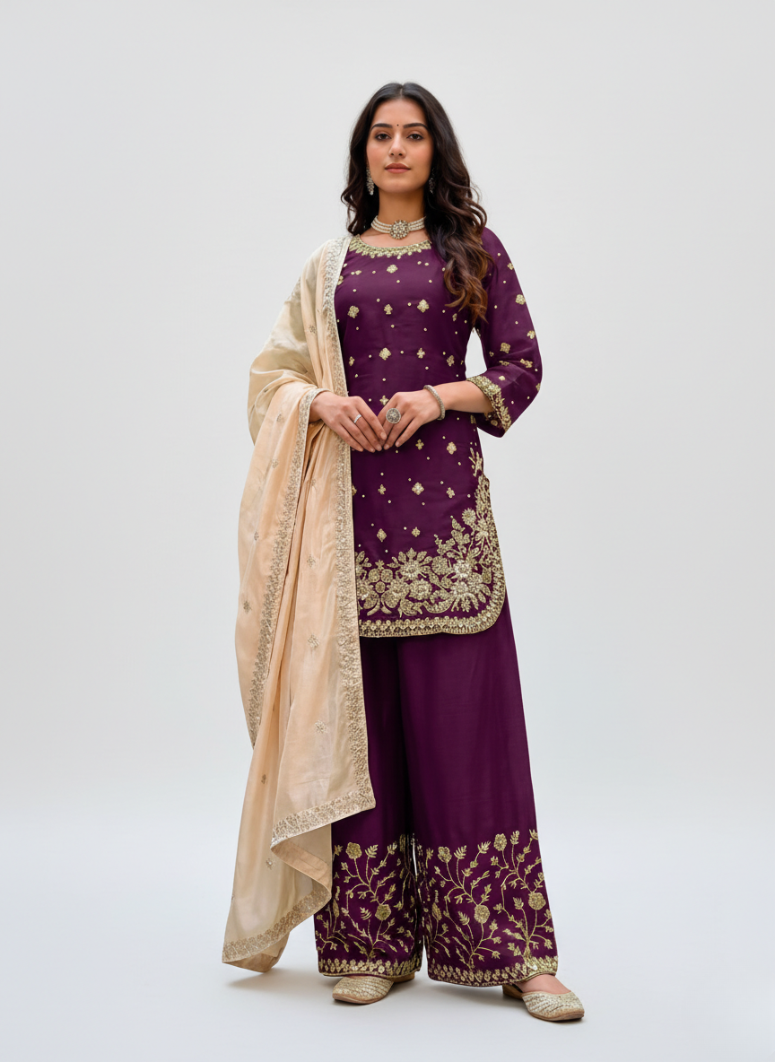 Premium Festive Wear Kurta Plazo Set for Women with Heavy Embroidery