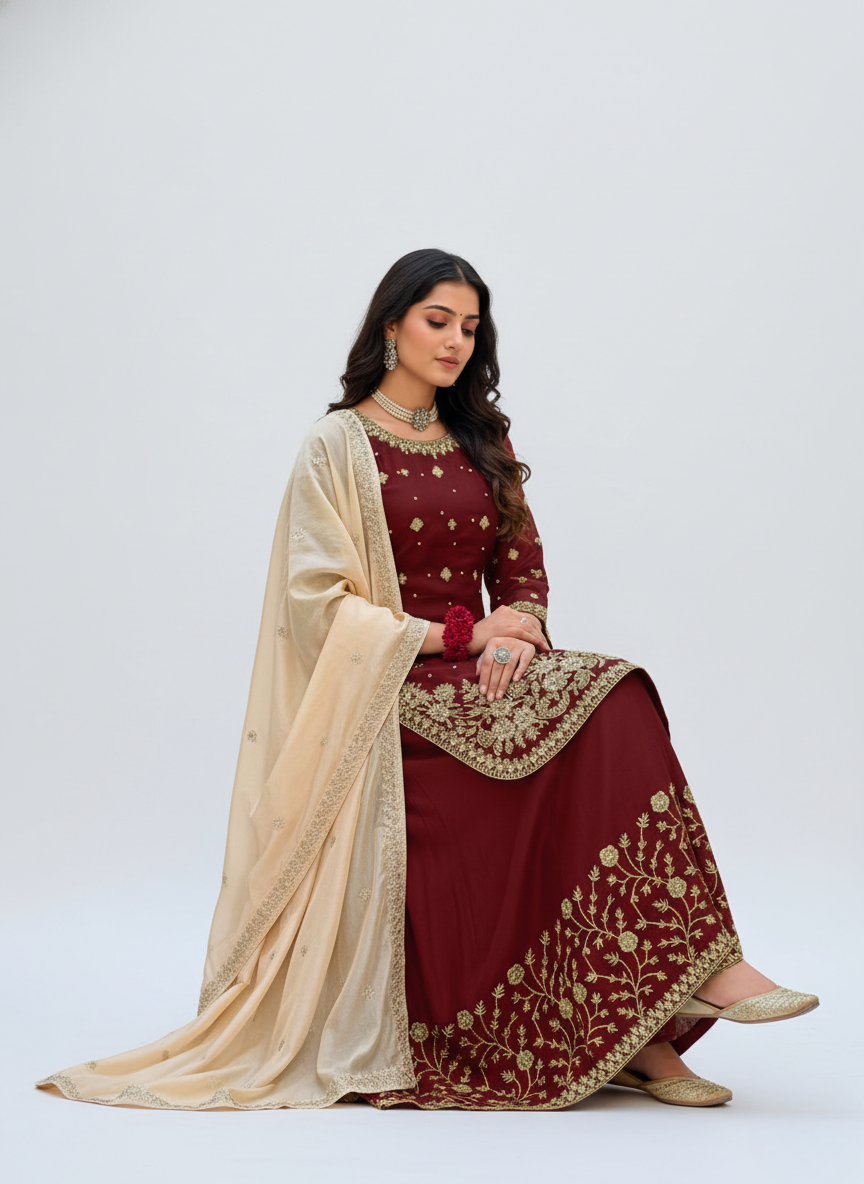Maroon Jimichu Heavy Work Kurta Plazo Set with Organza Dupatta
