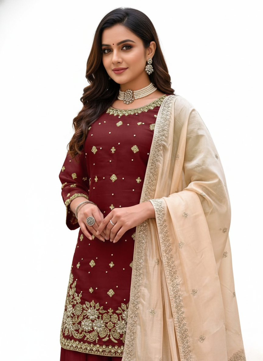 Maroon Jimichu Heavy Work Kurta Plazo Set with Organza Dupatta