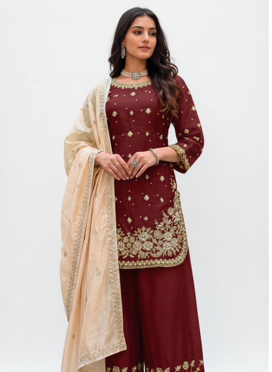 Maroon Jimichu Heavy Work Kurta Plazo Set with Organza Dupatta