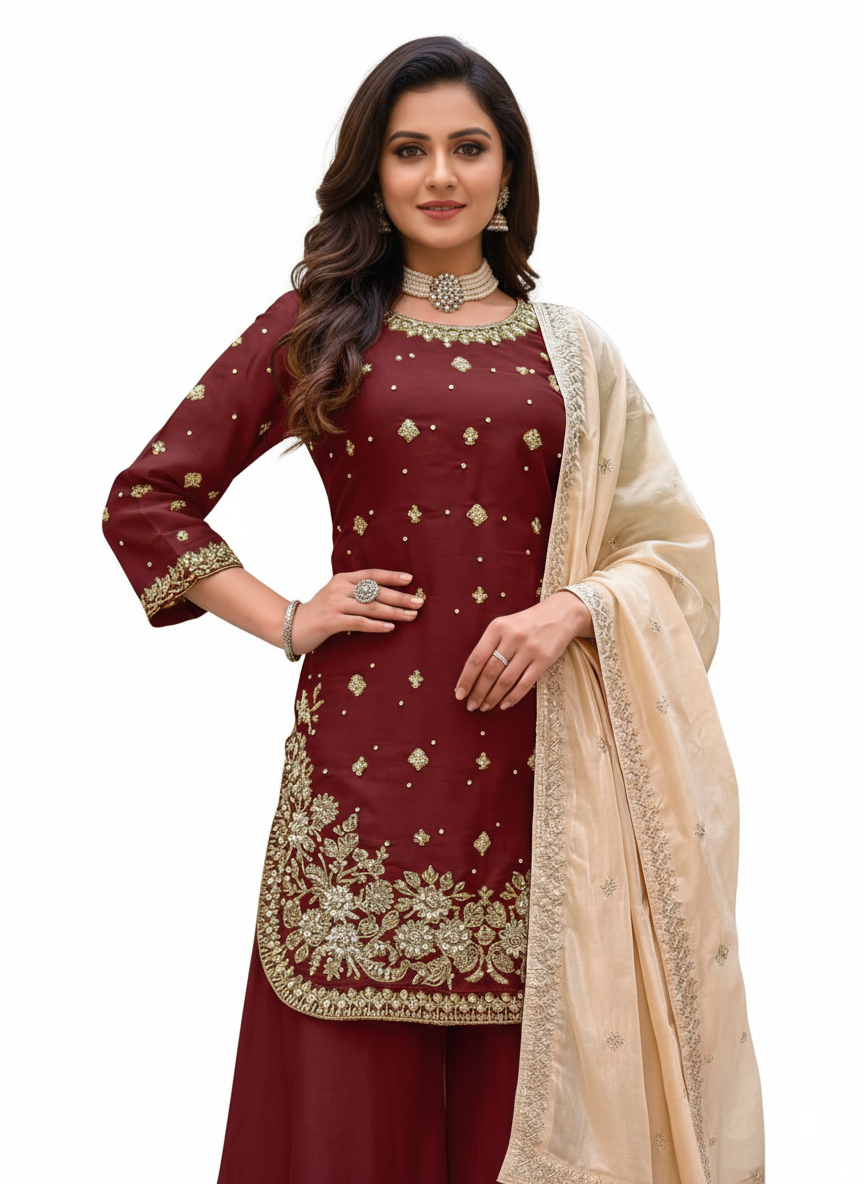 Maroon Jimichu Heavy Work Kurta Plazo Set with Organza Dupatta