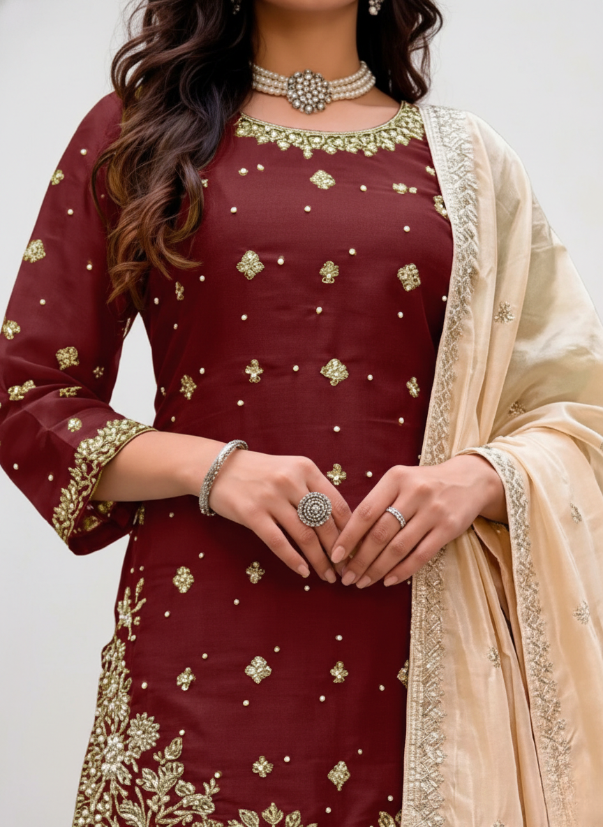 Maroon Jimichu Heavy Work Kurta Plazo Set with Organza Dupatta