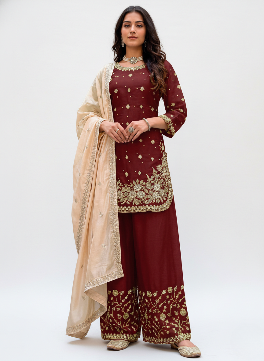 Maroon Jimichu Heavy Work Kurta Plazo Set with Organza Dupatta