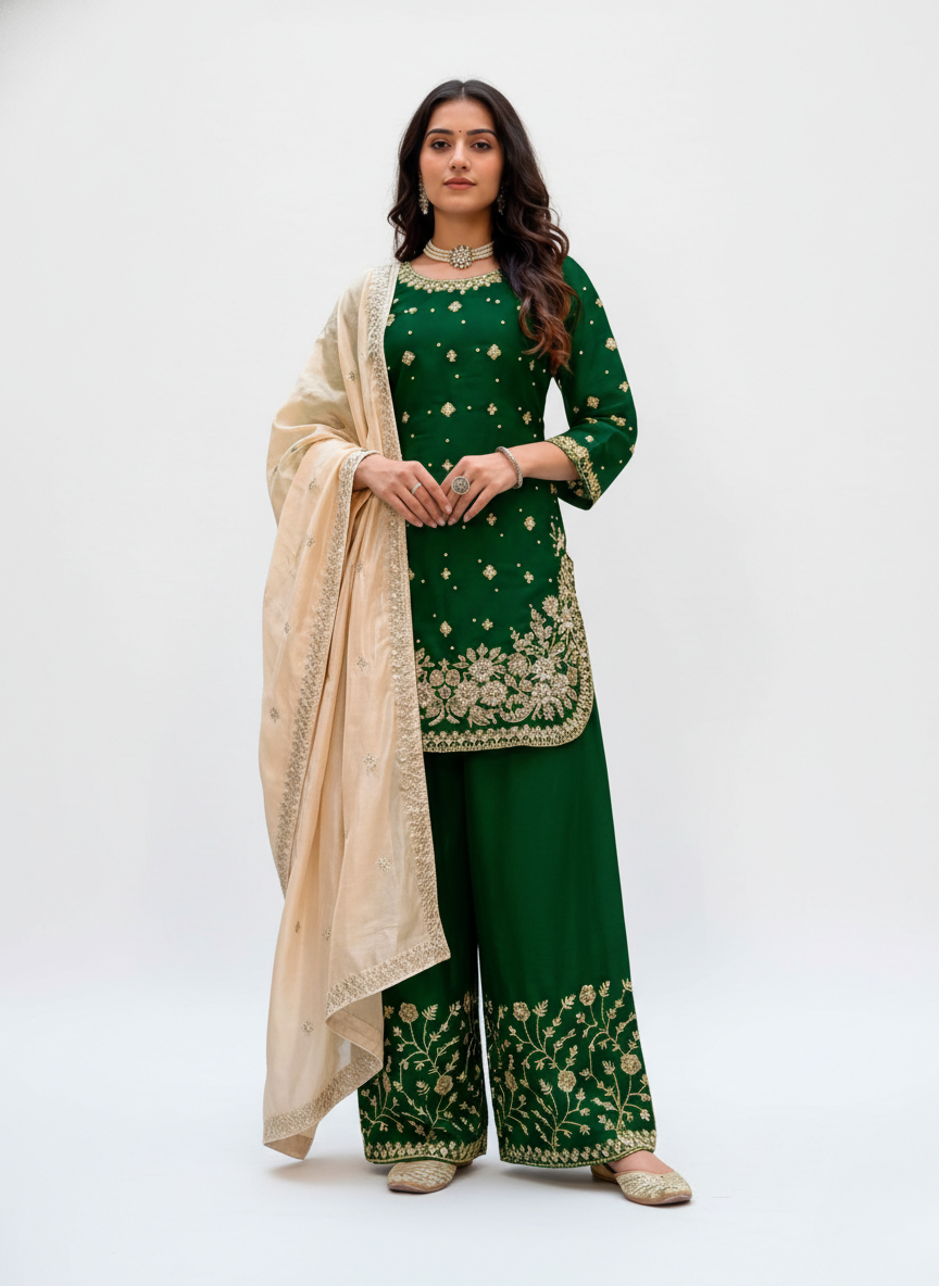 Green Jimichu Heavy Work Kurta Plazo Set with Organza Dupatta