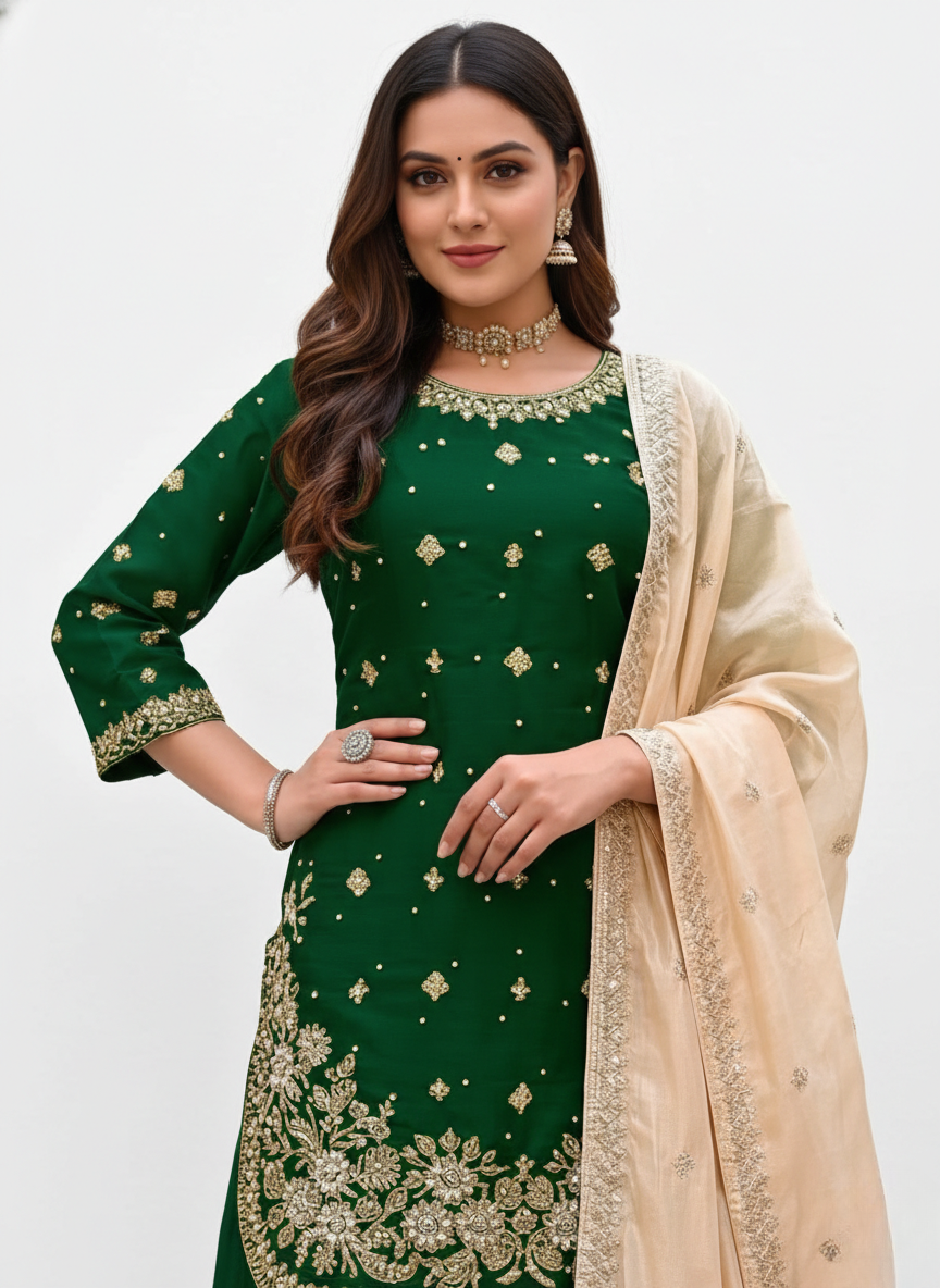 Green Jimichu Heavy Work Kurta Plazo Set with Organza Dupatta