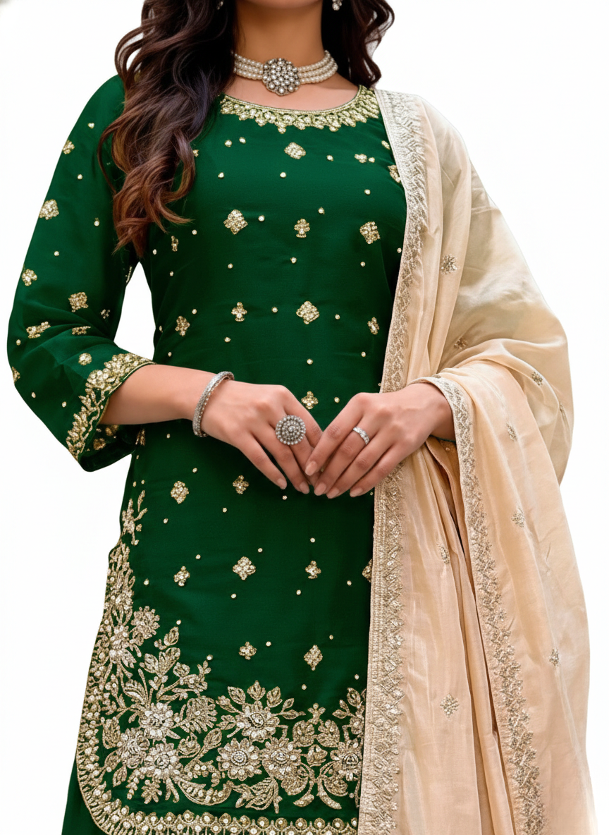 Green Jimichu Heavy Work Kurta Plazo Set with Organza Dupatta