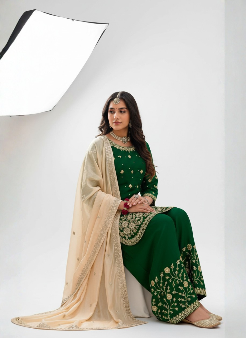 Green Jimichu Heavy Work Kurta Plazo Set with Organza Dupatta