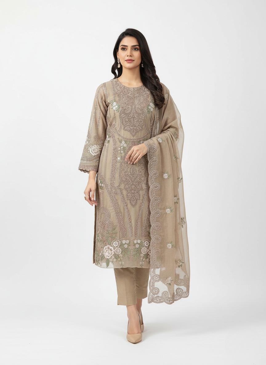 Beige Heavy Embroidered Dinting Chiffon Suit with Hand Khatli, Santoon Inner & Embroidered Dupatta
