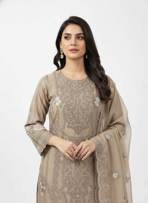 Beige Heavy Embroidered Dinting Chiffon Suit with Hand Khatli, Santoon Inner & Embroidered Dupatta