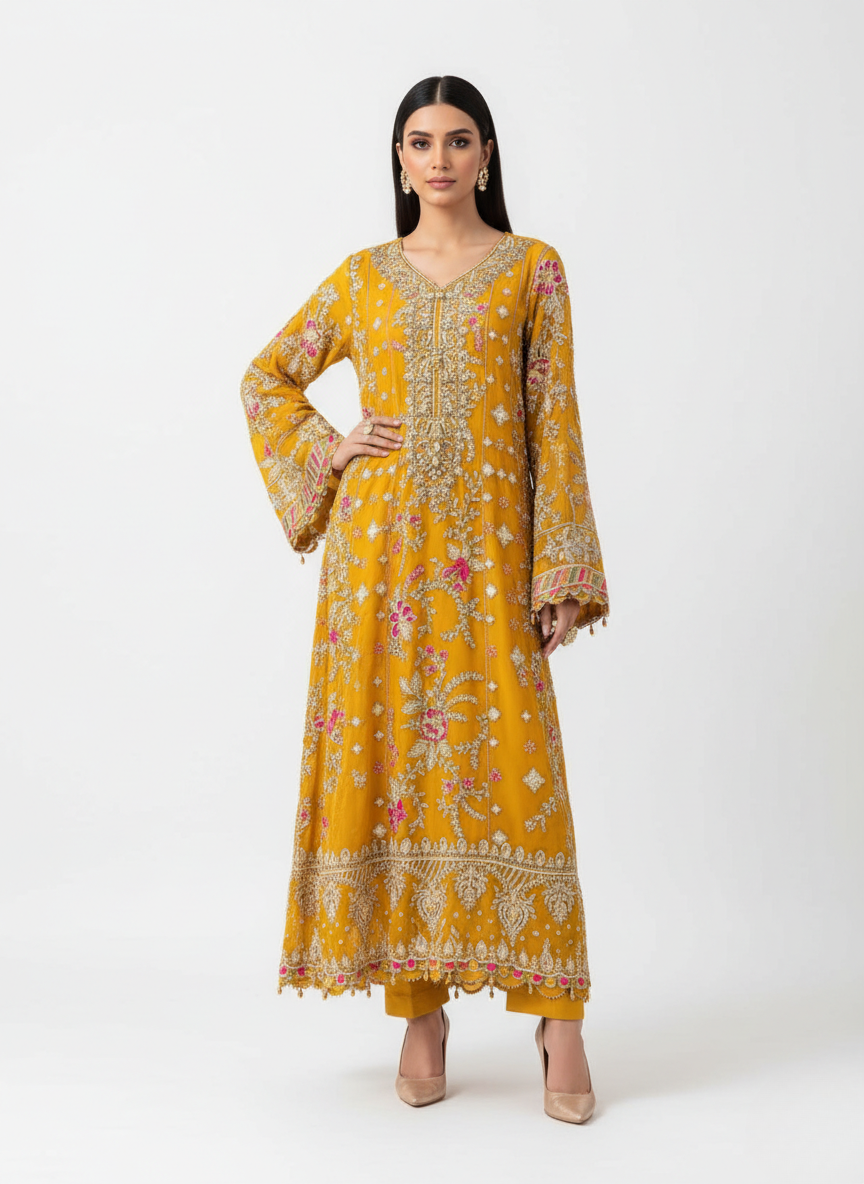 yellow heavy pakistani suit raibba