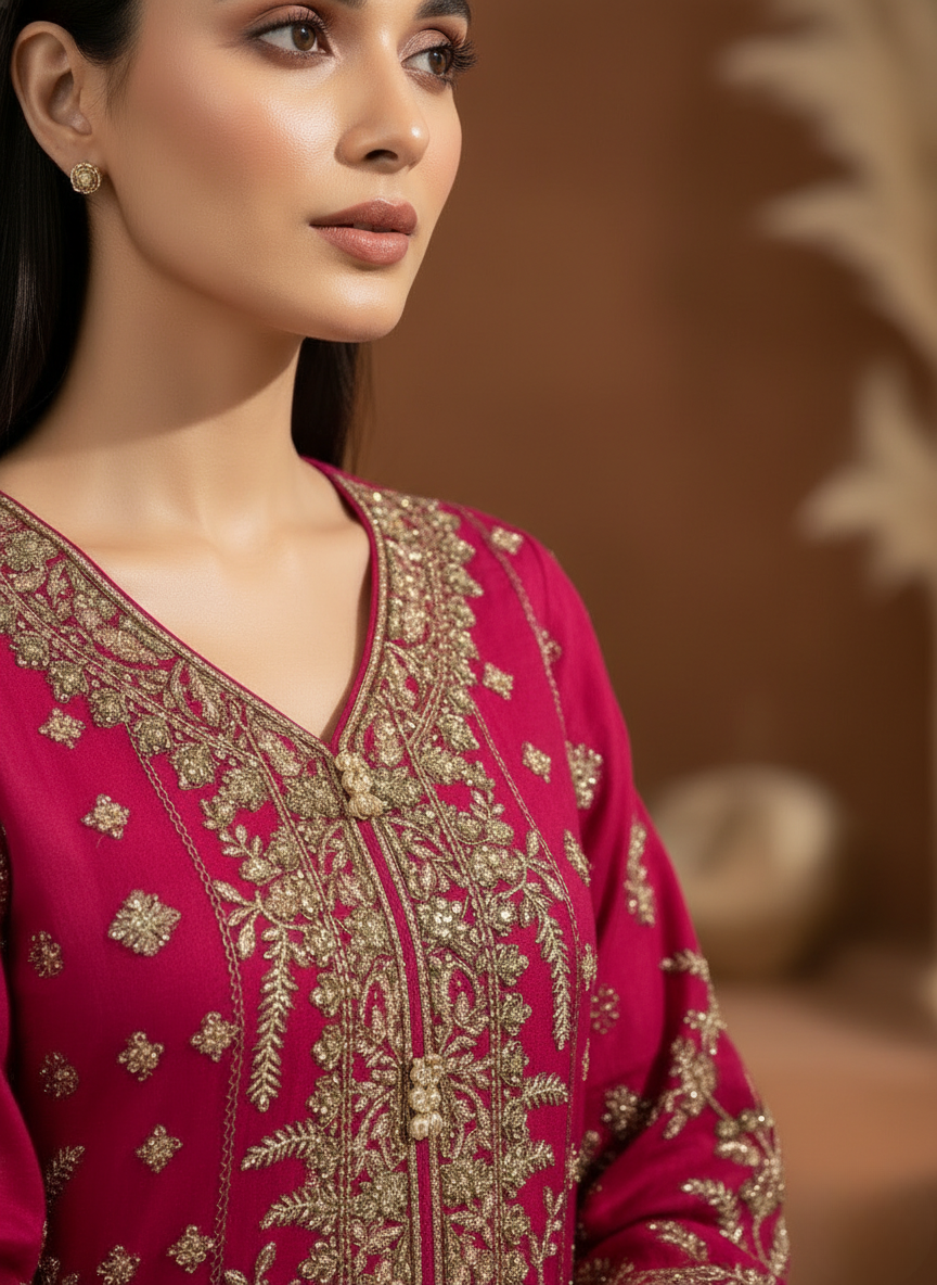Rani Pink Chiffon Embroidered Pakistani Suit