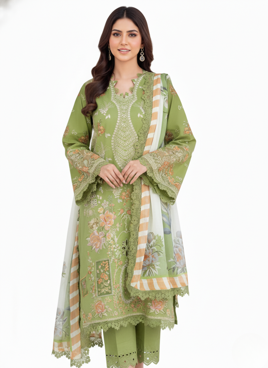Green pure cotton embroidered pakistani suit with printed cotton dupatta