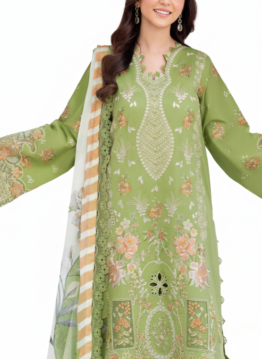 Green pure cotton embroidered pakistani suit with printed cotton dupatta