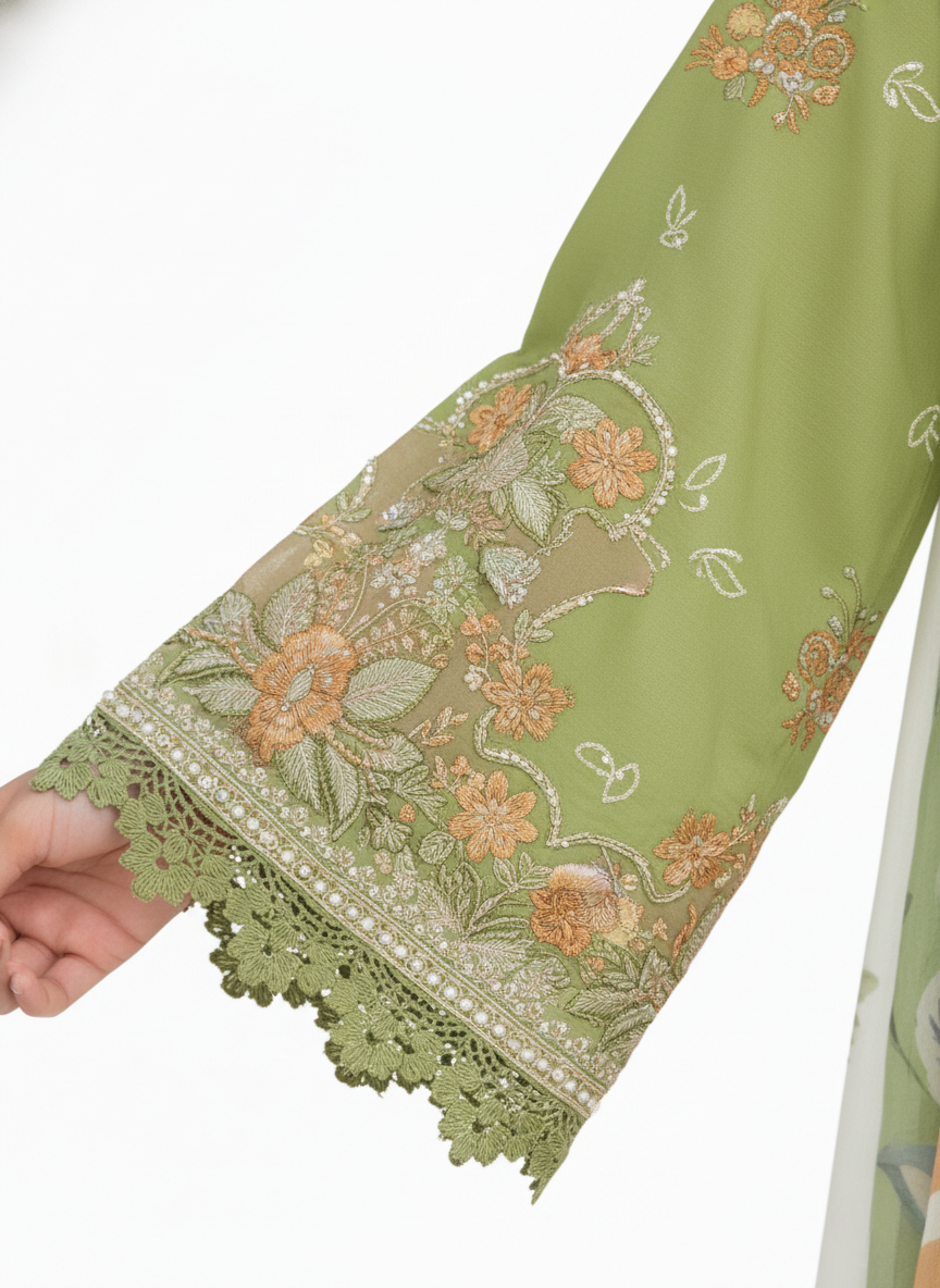 Green pure cotton embroidered pakistani suit with printed cotton dupatta