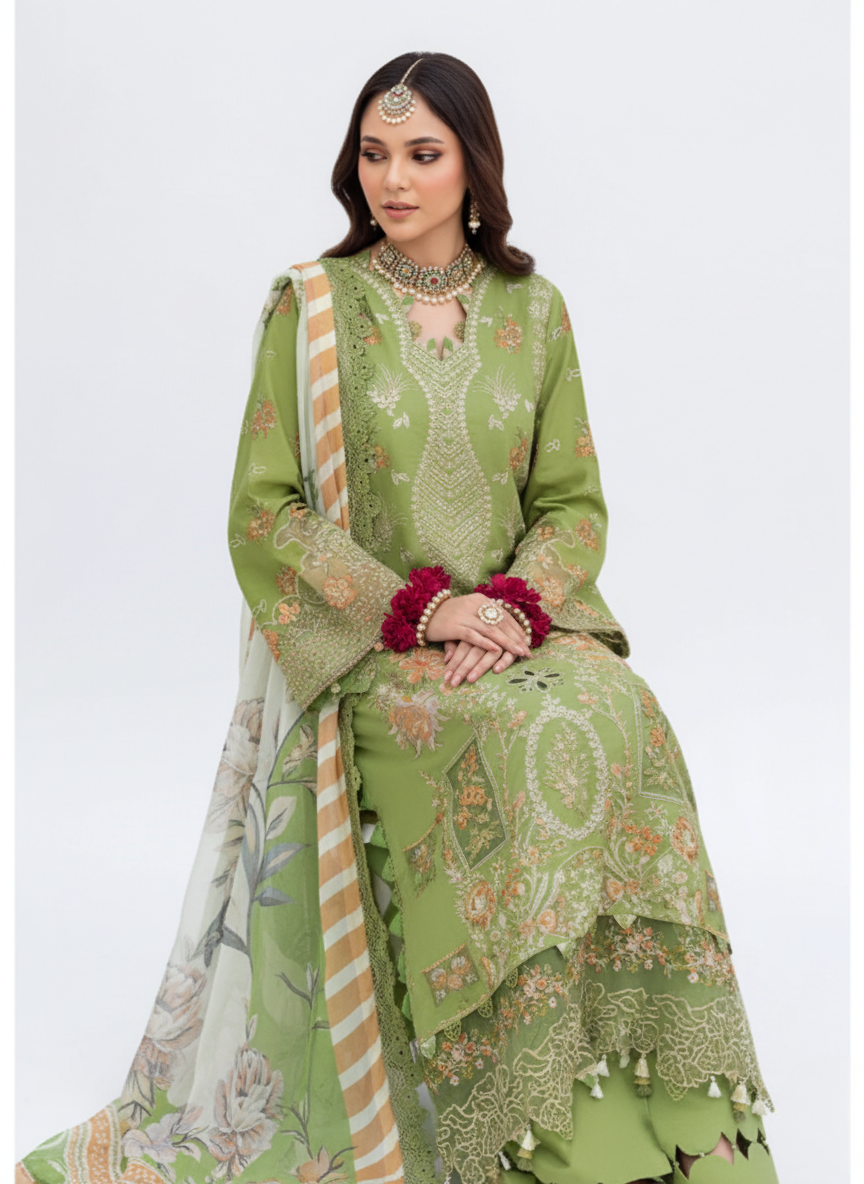 Green pure cotton embroidered pakistani suit with printed cotton dupatta