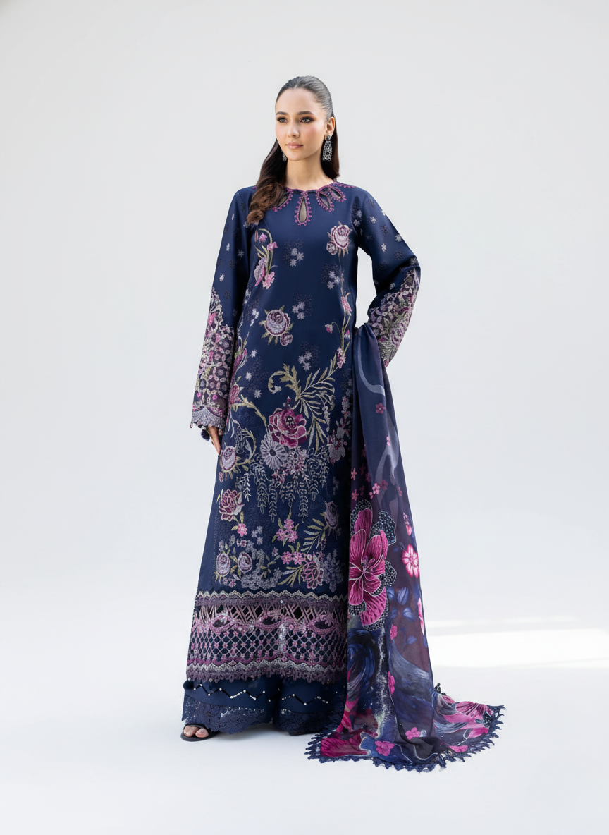 Navy blue pure cotton embroidered pakistani suit with printed cotton dupatta