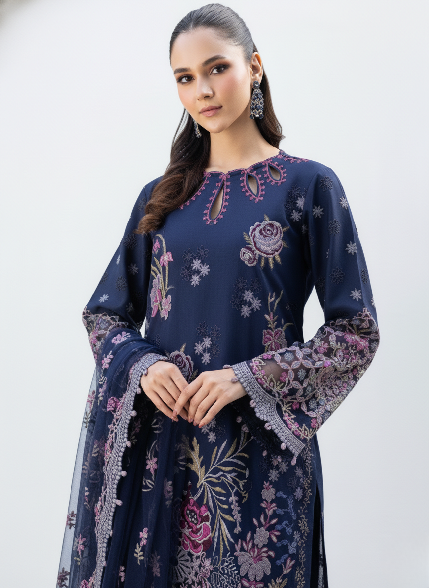 Navy blue pure cotton embroidered pakistani suit with printed cotton dupatta