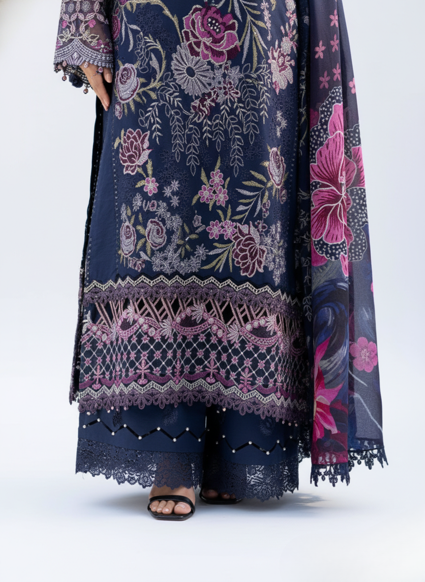 Navy blue pure cotton embroidered pakistani suit with printed cotton dupatta