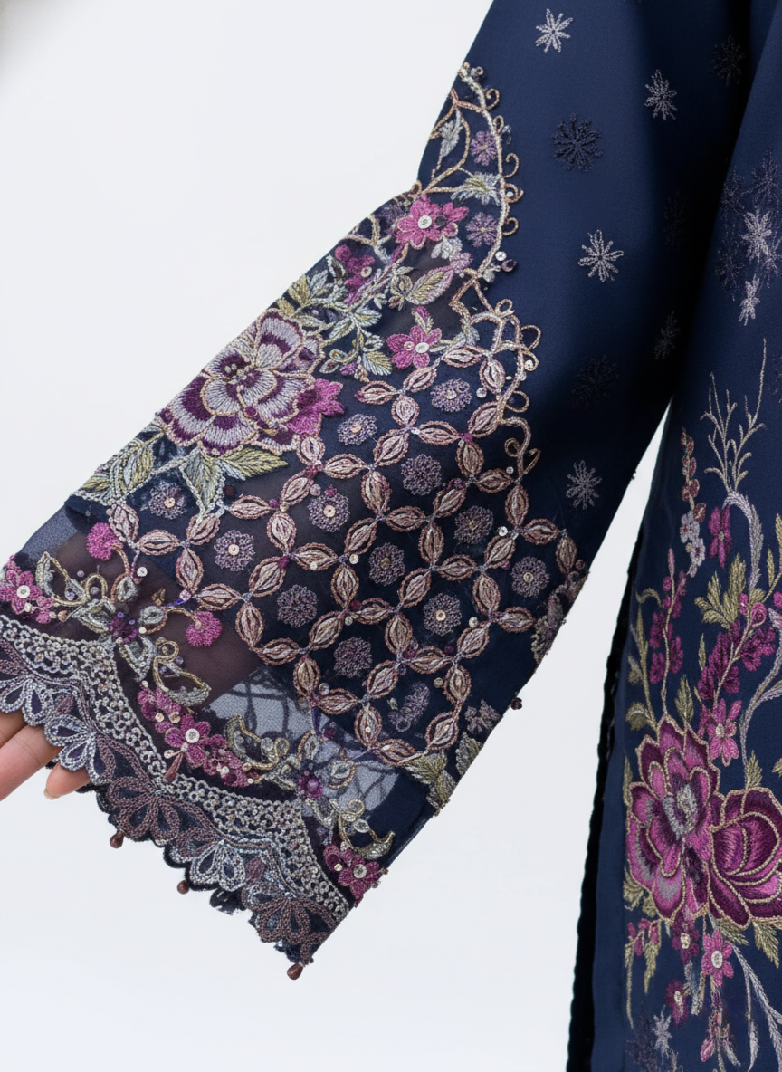 Navy blue pure cotton embroidered pakistani suit with printed cotton dupatta