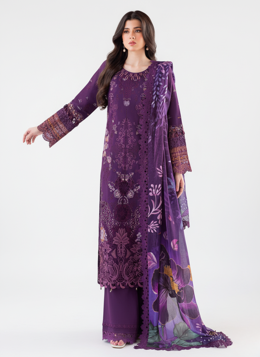 Purple pure cotton embroidered pakistani suit with printed cotton dupatta