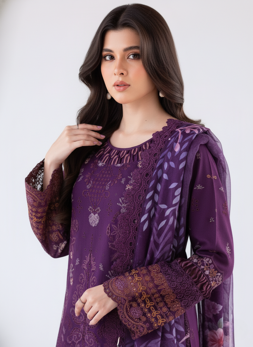 Purple pure cotton embroidered pakistani suit with printed cotton dupatta