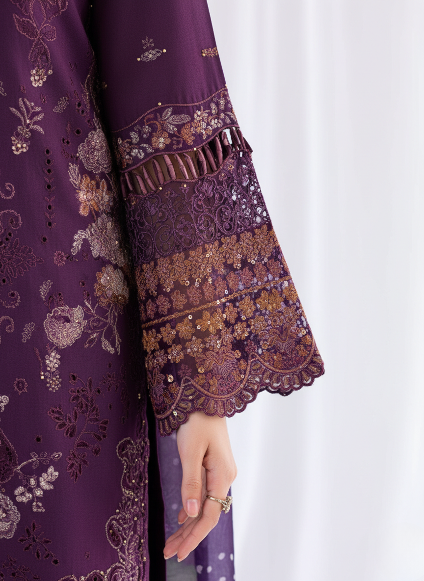 Purple pure cotton embroidered pakistani suit with printed cotton dupatta