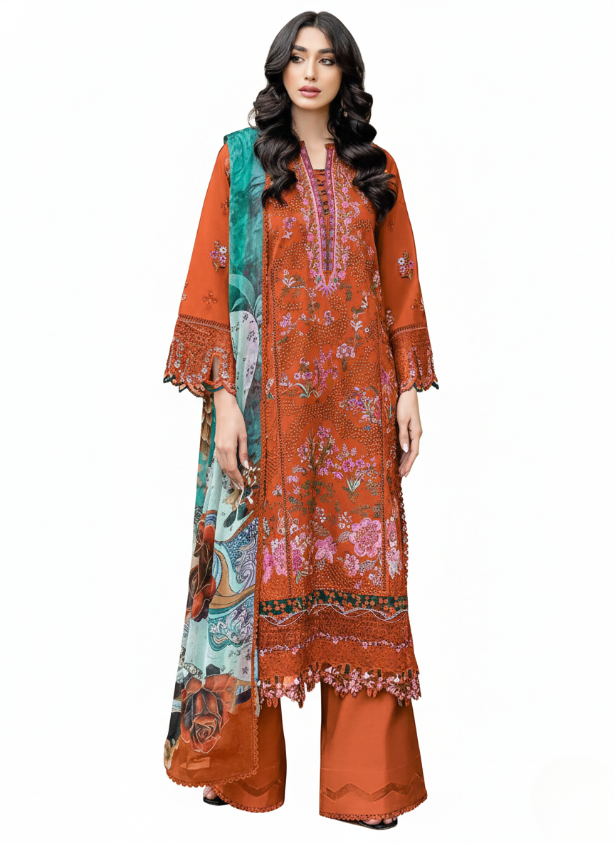 Rust orange pure cotton embroidered pakistani suit with printed cotton dupatta