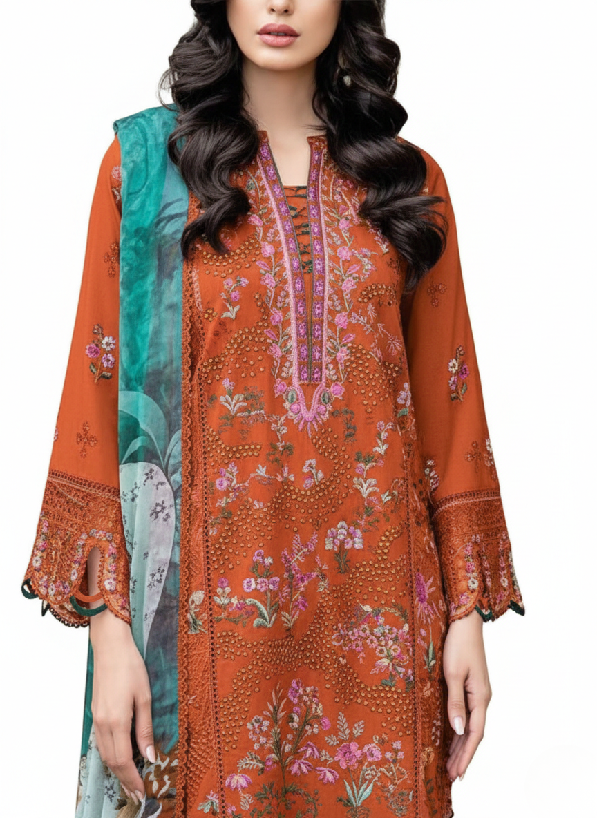 Rust orange pure cotton embroidered pakistani suit with printed cotton dupatta