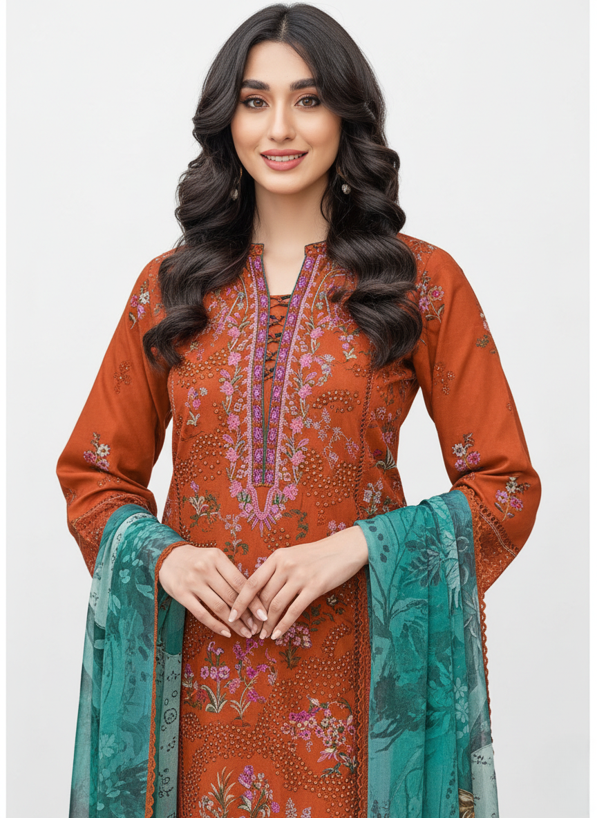 Rust orange pure cotton embroidered pakistani suit with printed cotton dupatta
