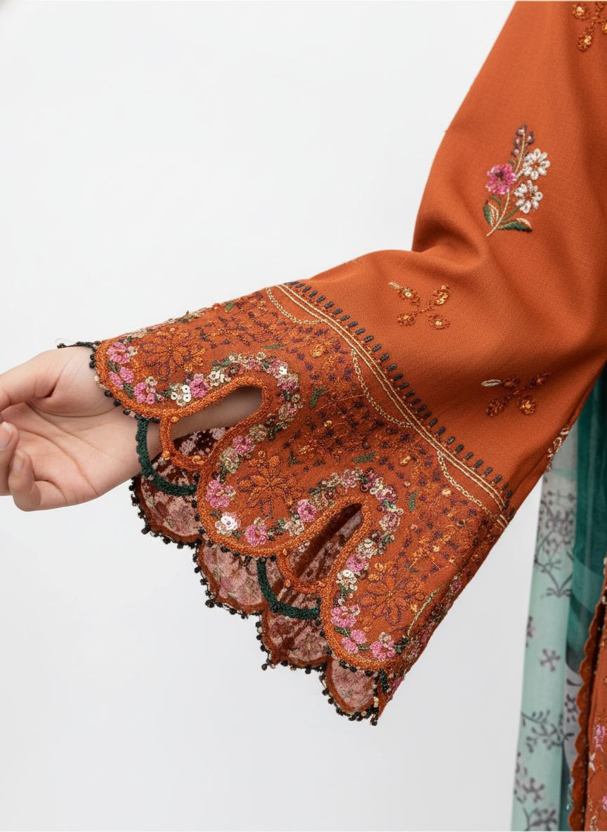 Rust orange pure cotton embroidered pakistani suit with printed cotton dupatta