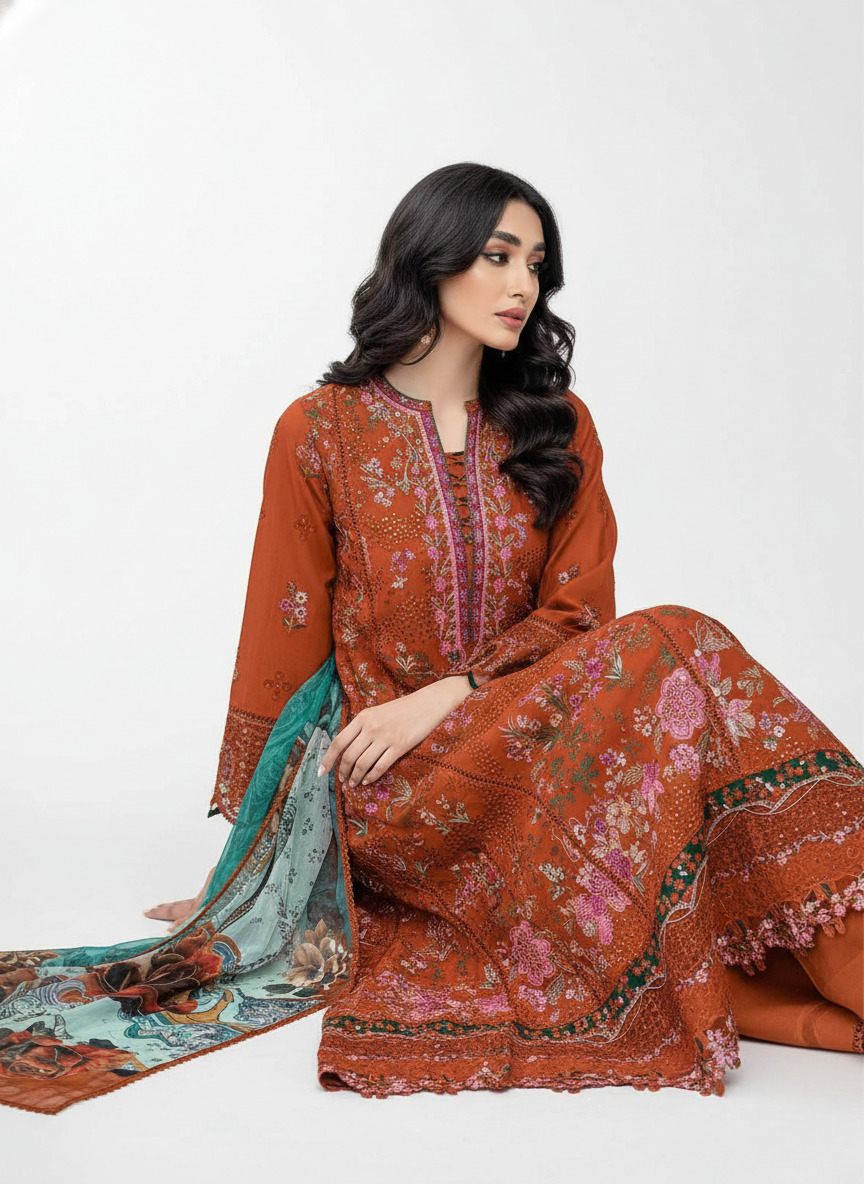 Rust orange pure cotton embroidered pakistani suit with printed cotton dupatta