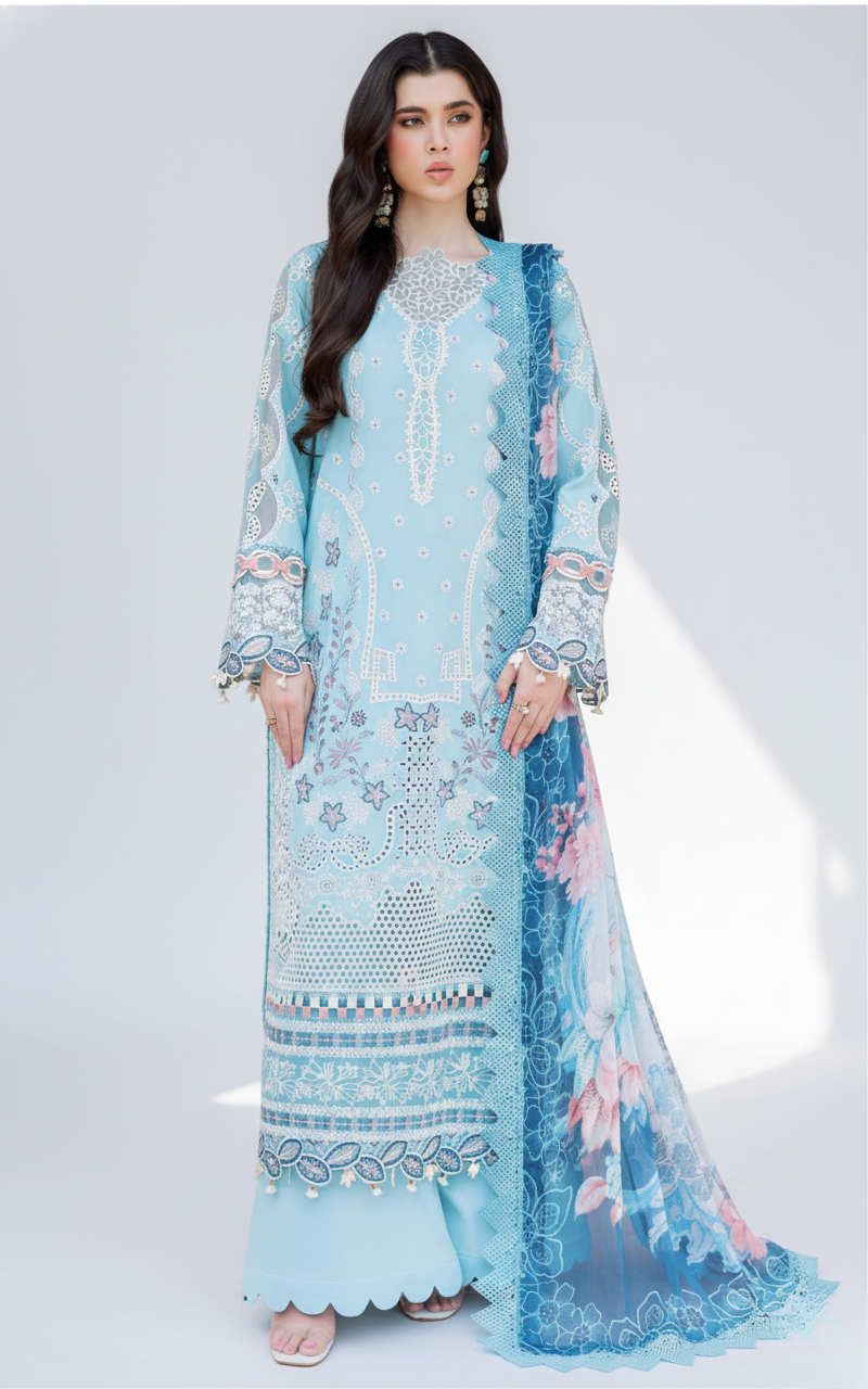 Sky blue pure cotton embroidered pakistani suit with printed cotton dupatta