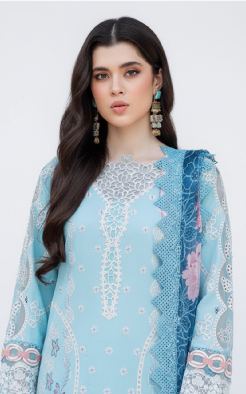 Sky blue pure cotton embroidered pakistani suit with printed cotton dupatta