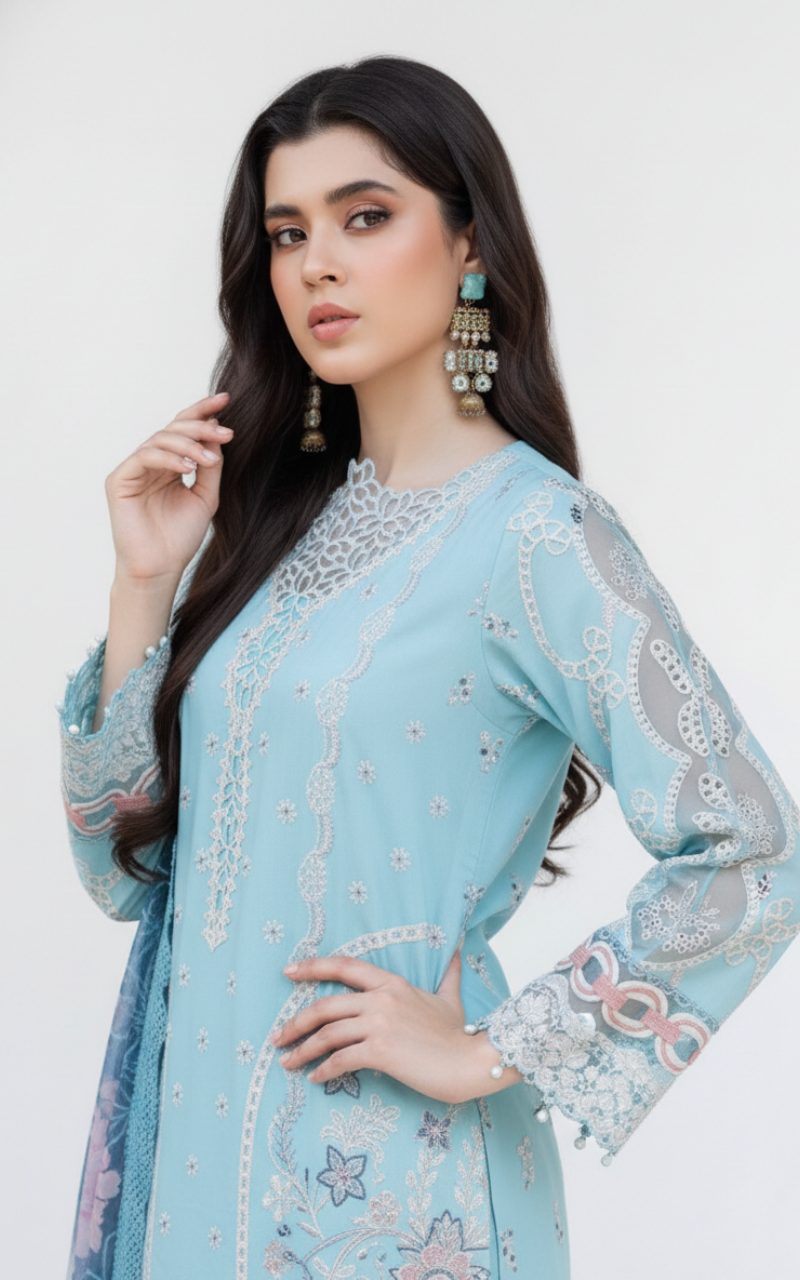 Sky blue pure cotton embroidered pakistani suit with printed cotton dupatta