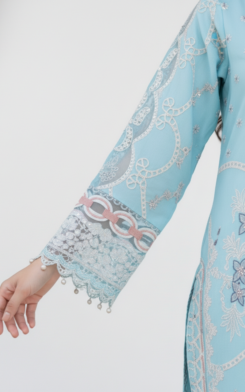 Sky blue pure cotton embroidered pakistani suit with printed cotton dupatta
