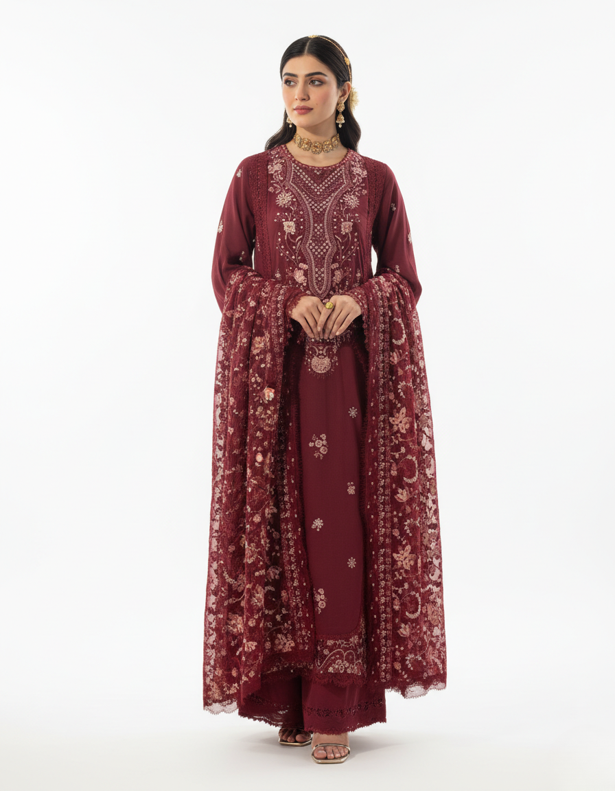 raibba maroon pakistani suit
