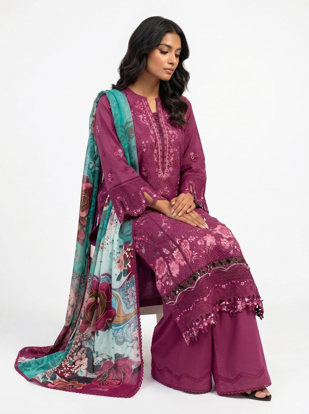Wine pure cotton embroidered pakistani suit with printed cotton dupatta & semi lawn bottom