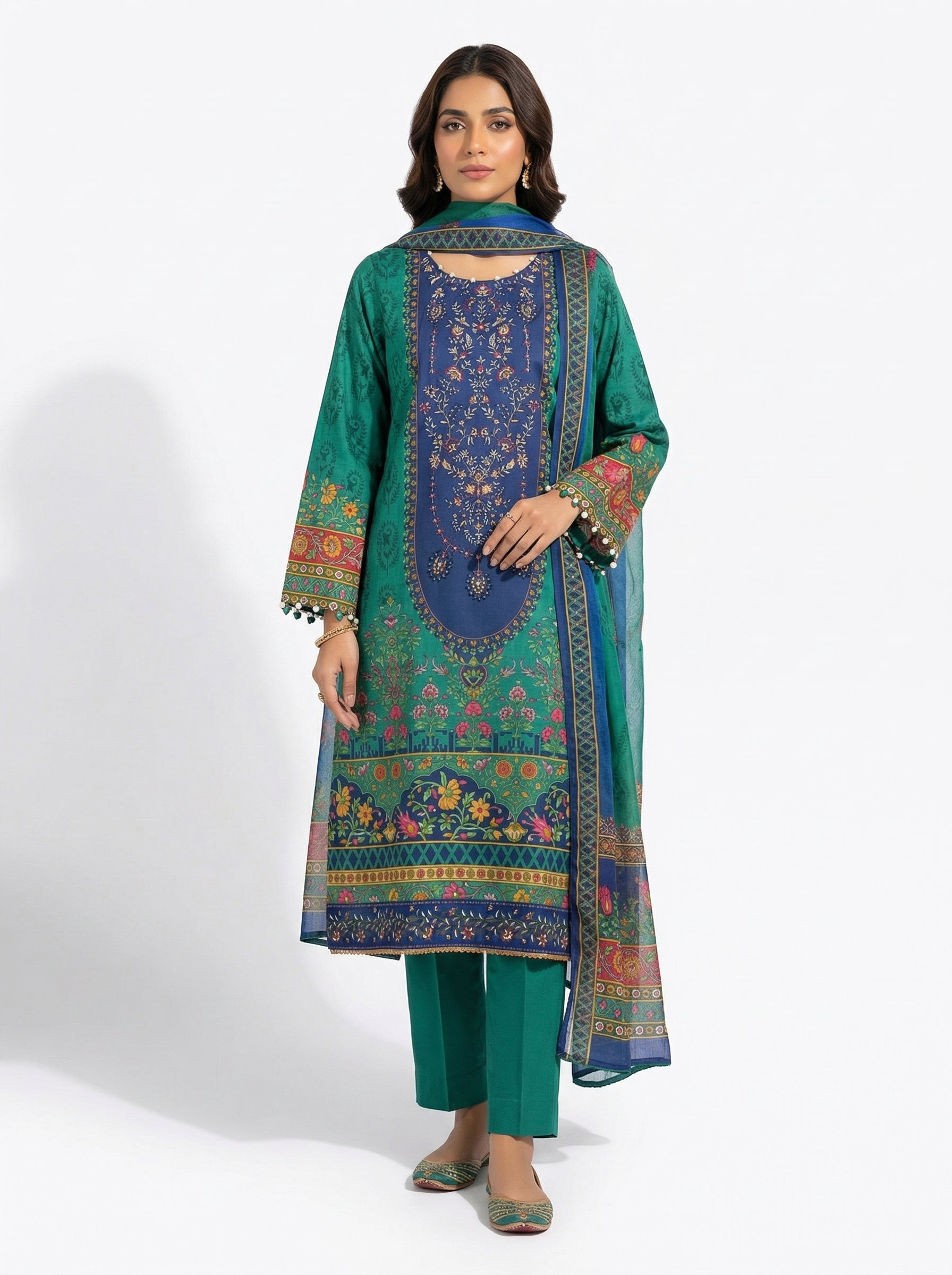 Green lawn embroidered pakistani suit with patchwork design & dupatta