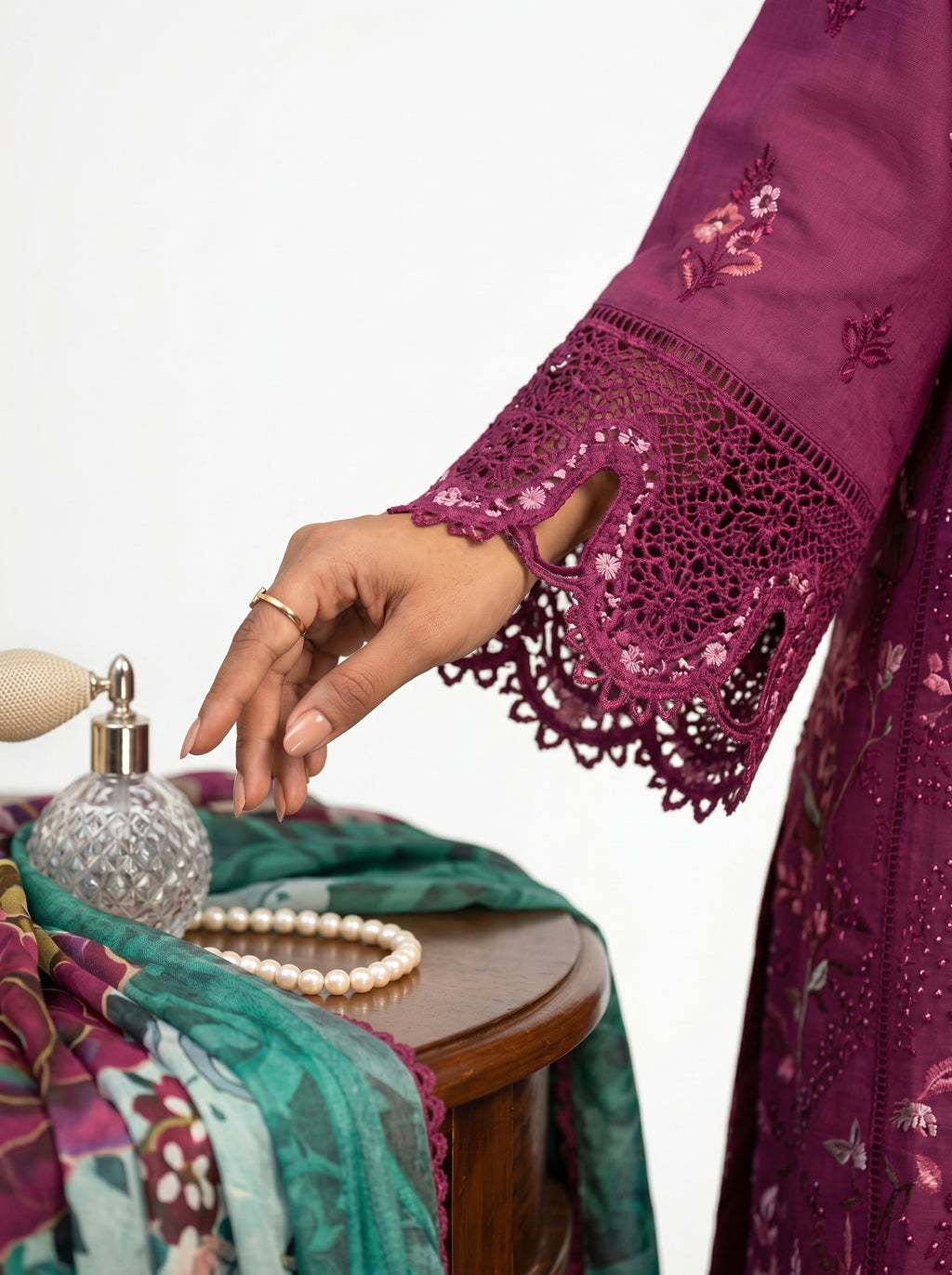 Wine pure cotton embroidered pakistani suit with printed cotton dupatta & semi lawn bottom

