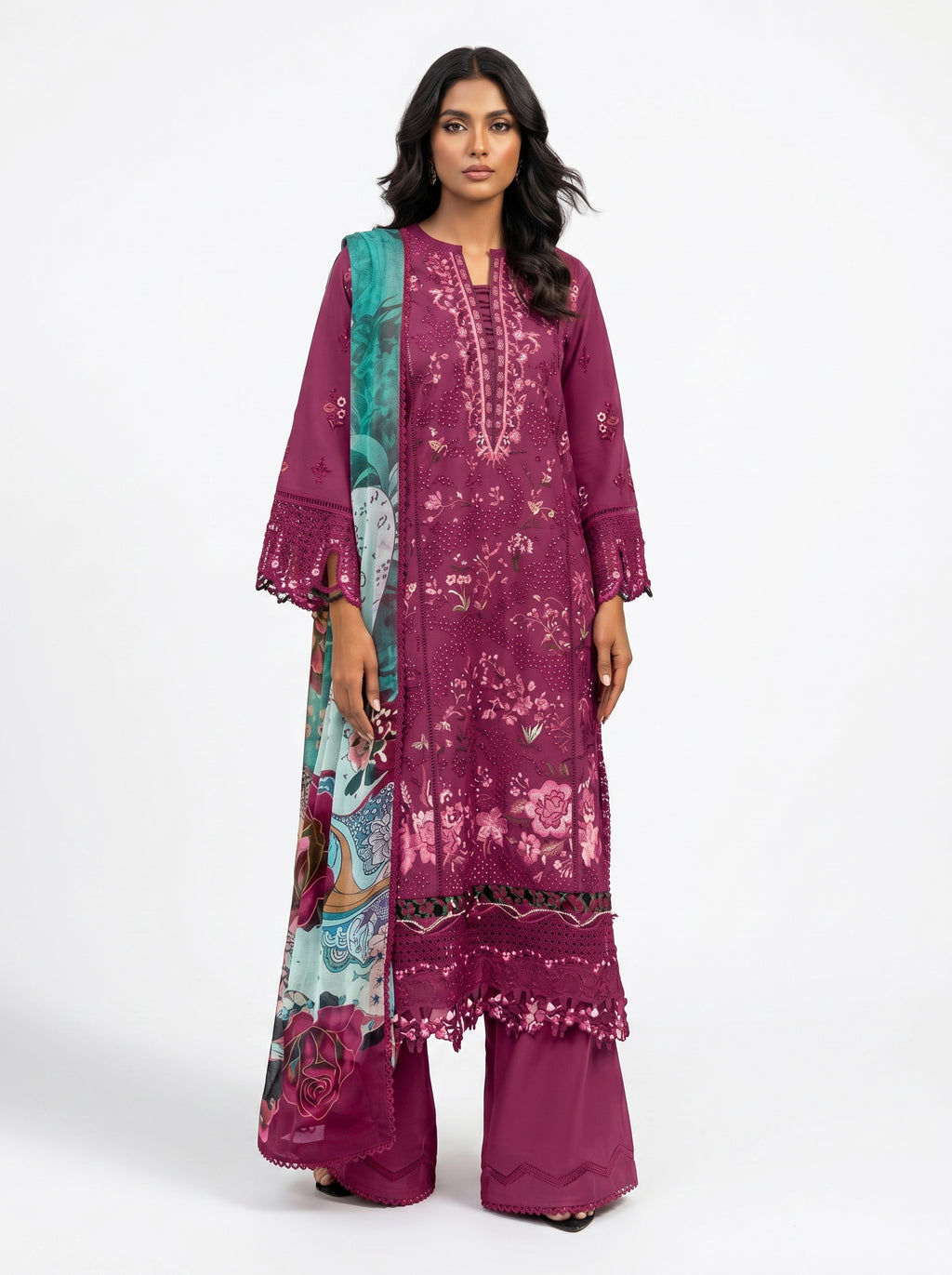 Wine pure cotton embroidered pakistani suit with printed cotton dupatta & semi lawn bottom