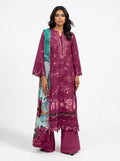 Wine pure cotton embroidered pakistani suit with printed cotton dupatta & semi lawn bottom