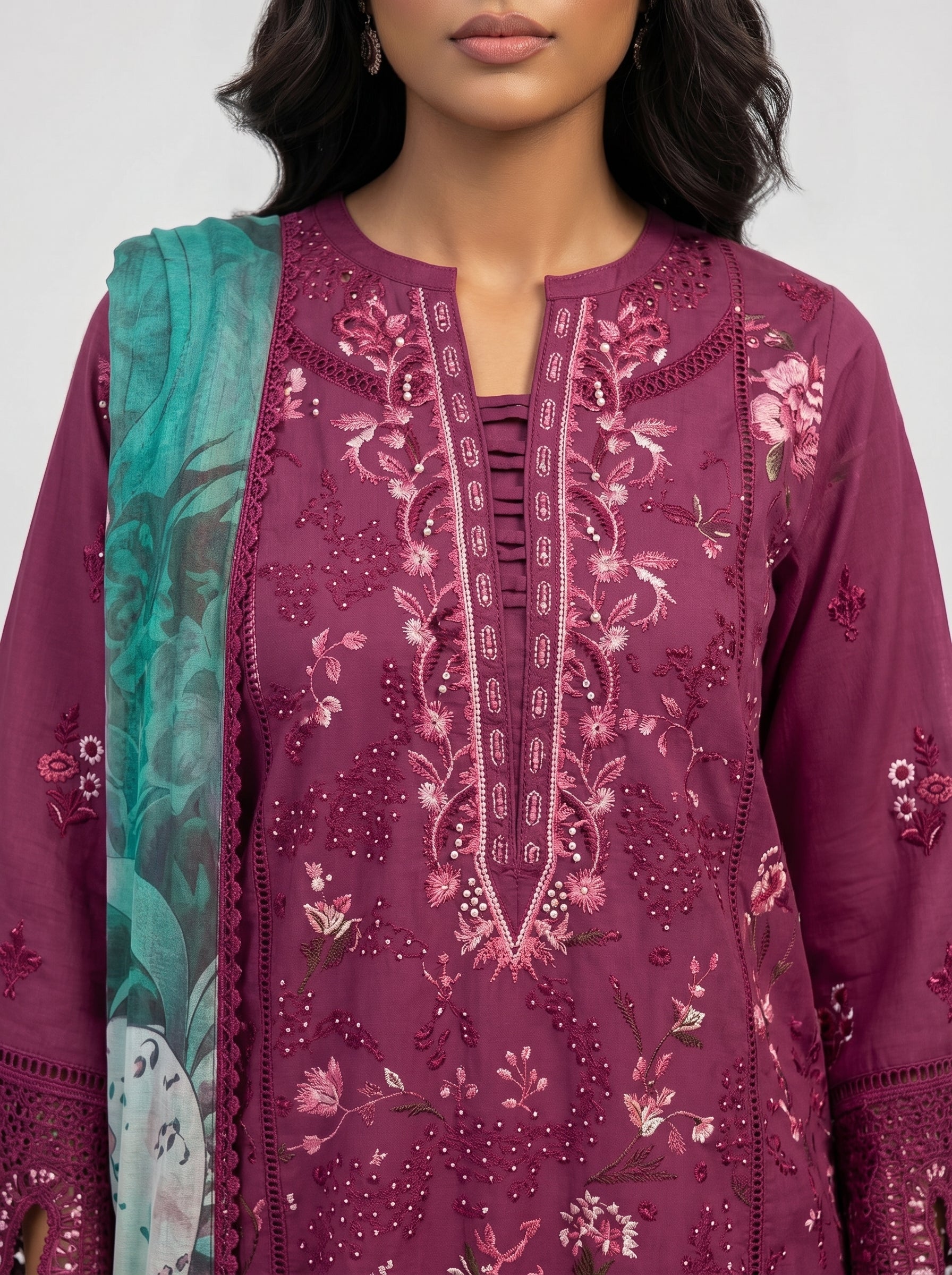Wine pure cotton embroidered pakistani suit with printed cotton dupatta & semi lawn bottom